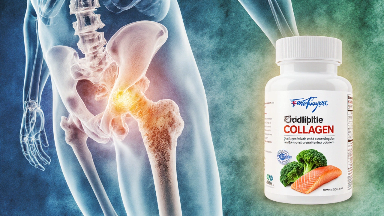 Průřez kyčelním kloubem s chrupavkou, kolagenem a zdravými potravinami.