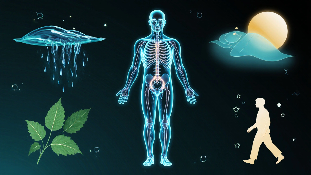 Průřez tělem s viditelnými teloméry a symboly regenerace.