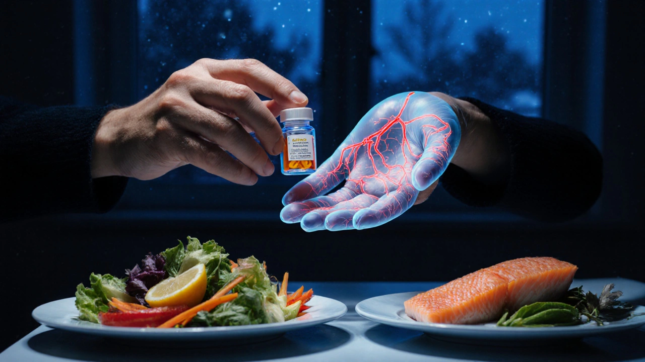 Ruce držící doplněk vitamínu, s průhlednými vnitřními strukturami těla a jídlem bohatým na vitamíny na pozadí.