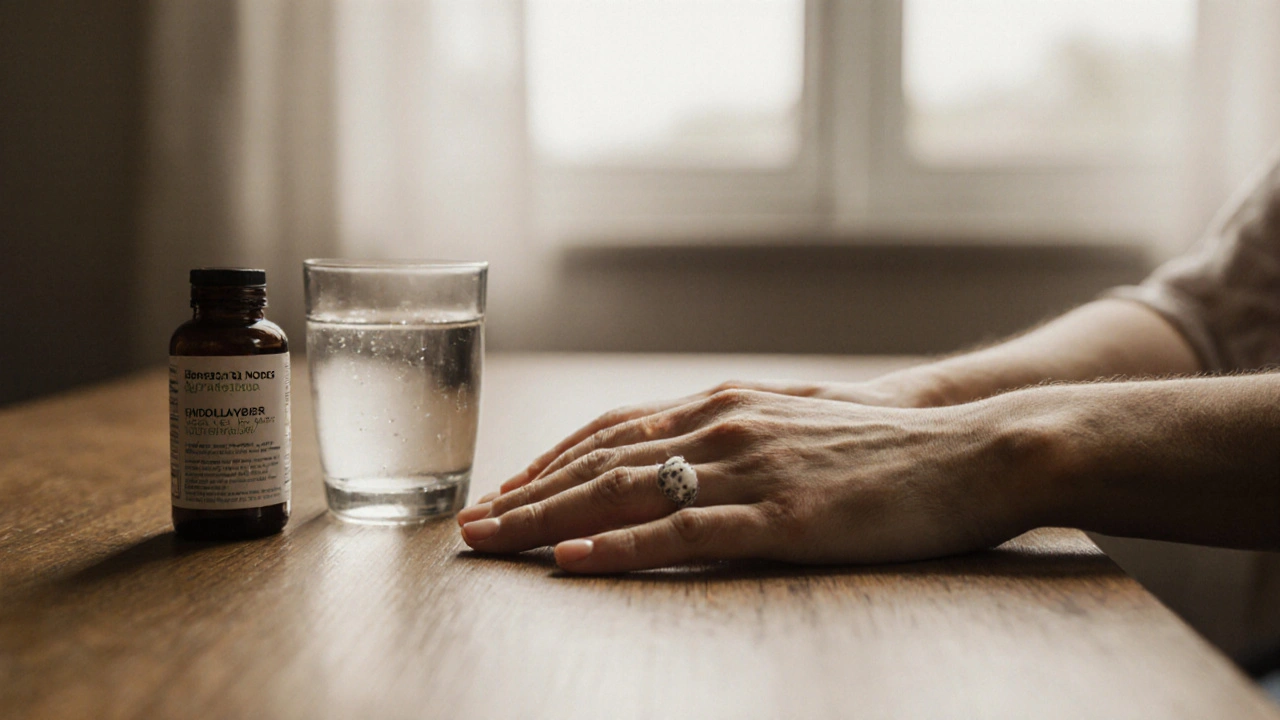 Ruce s kostními výrůstky na kloubech a láhev kolagenu na stole.