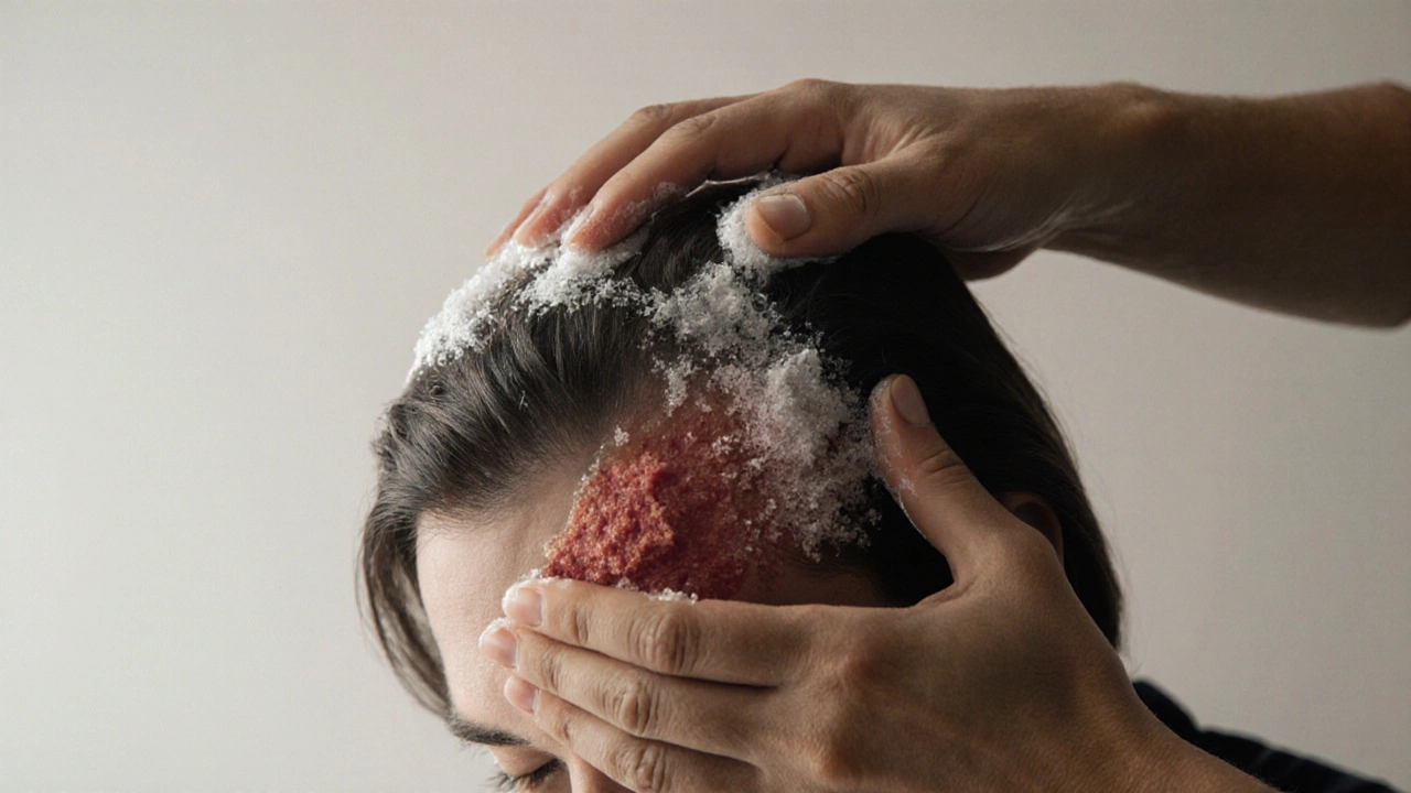 Ruka masíruje kůži hlavy šamponem, s vize zdravého a nemocného odbourávání buněk.