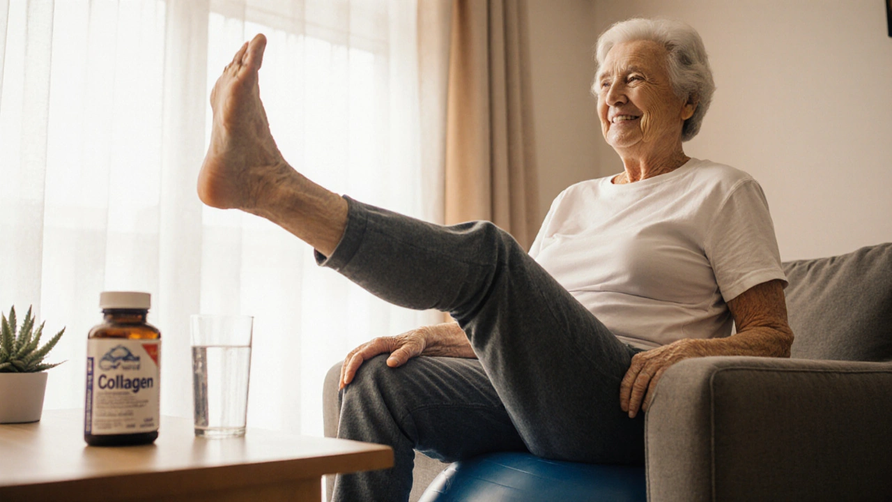 Starší osoba dělá cvičení na stabilizačním míči s doplňkem kolagenu.