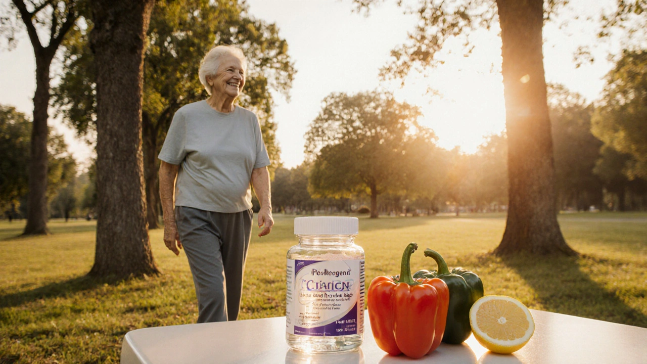 Starší osoba prochází parkem večer, vedle ní jsou potraviny bohaté na vitamín C pro klouby.