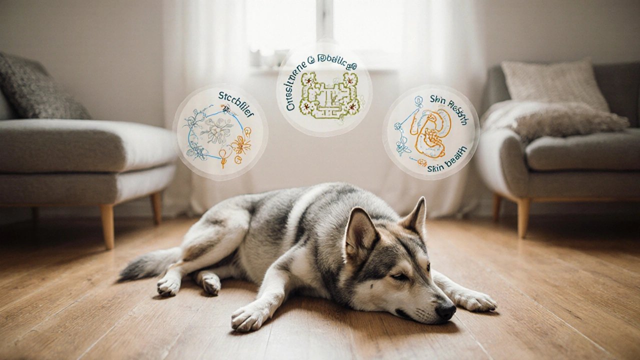 Starší pes s přehledem probiotických kmenů nad břichem.