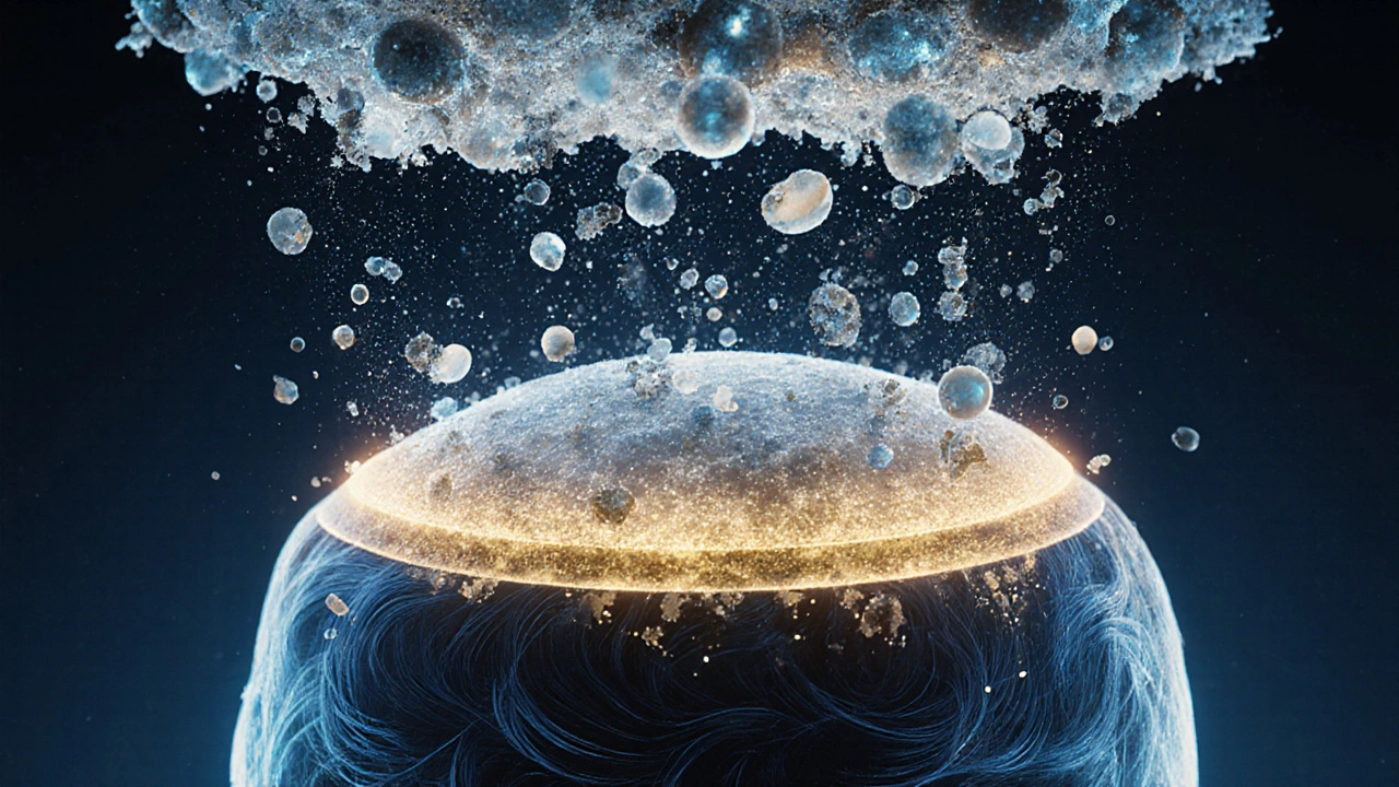 Surreální znázornění šlamu nad vlasovou pokožkou — zbytky produktů, maz a mrtvé buňky nad čistými folikuly.