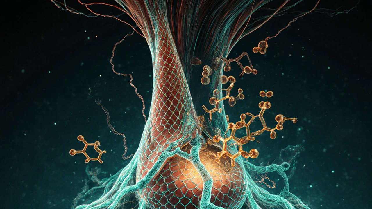 Vlasový folikul obklopený živými kolagenovými vlákny a rybími šupinami.