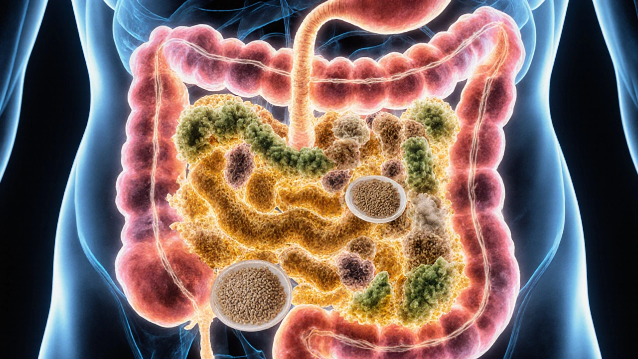Vnitřní pohled na střevo s prebiotickými vlákninami živícími užitečné bakterie