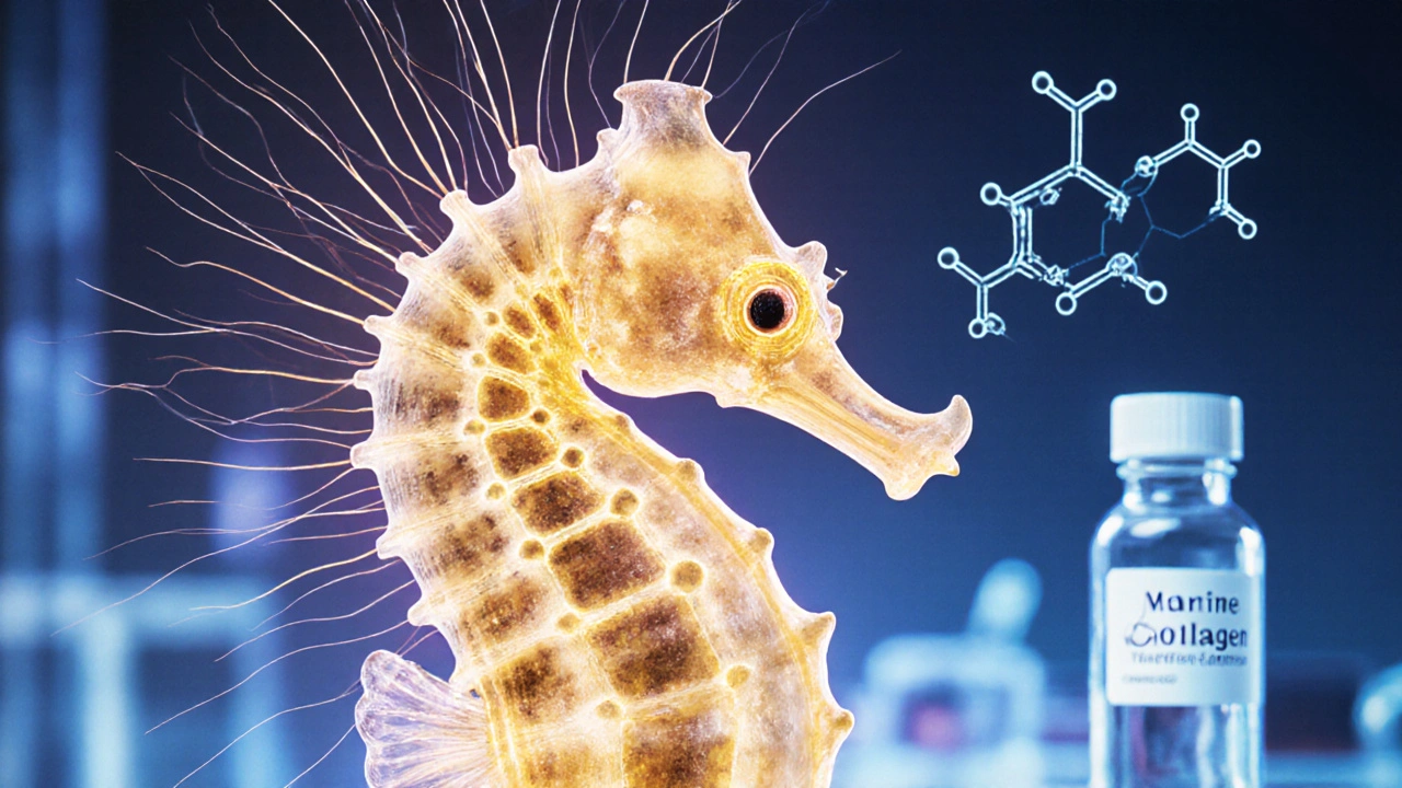 Vnitřní struktura mořského koníka s vyzařujícími vlákny kolagenu v laboratorním prostředí.