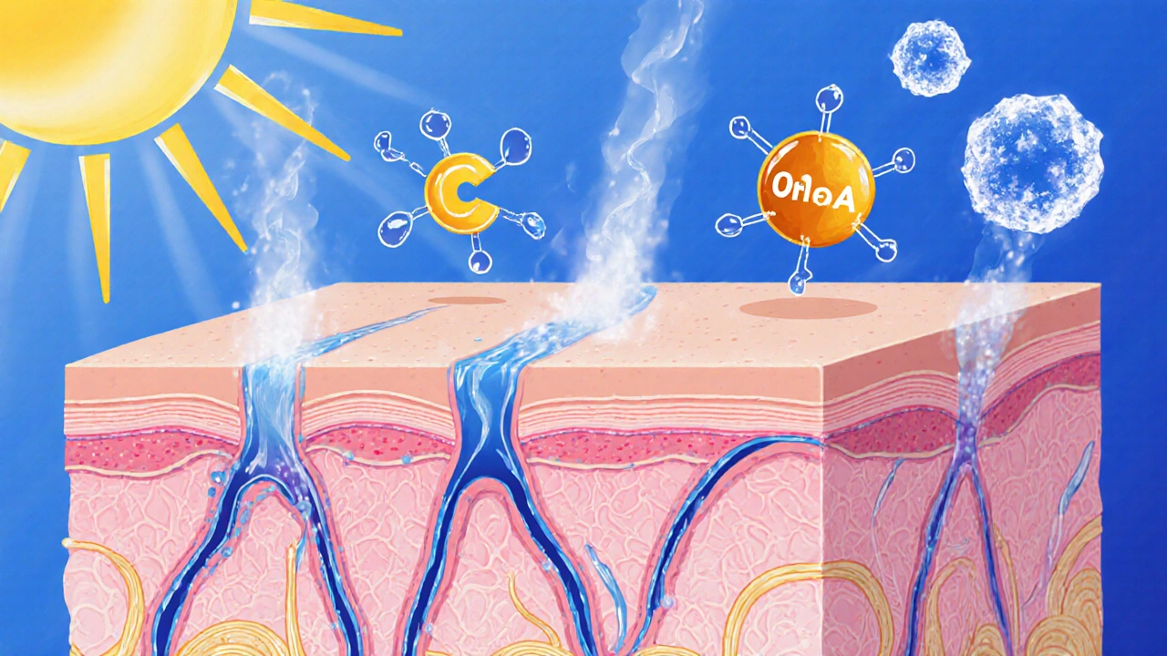 Vnitřní zobrazení regenerace kolagenu v kůži podporované vitamínem C a ochranou před UV zářením.
