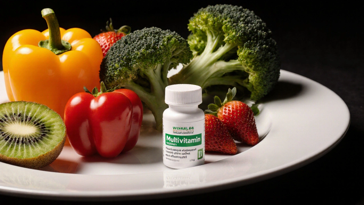 Vyvážená porce zeleniny a ovoce vedle jedné vitamínové tablety.