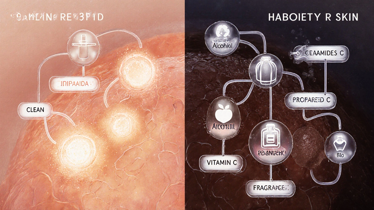 Zdravá kůže spojená s užitečnými látkami, na druhé straně podrážděná kůže s škodlivými přísadami.