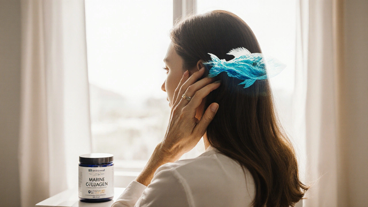 Žena s hustými vlasy, nad ní se vynořují mořské vlny a ryby.