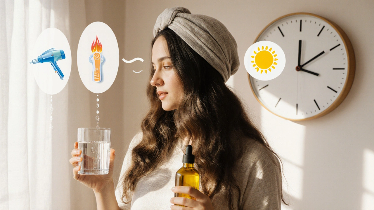 Žena s lesklými vlasy drží sklenici vody a olej, za ní symboly tepelného poškozování.