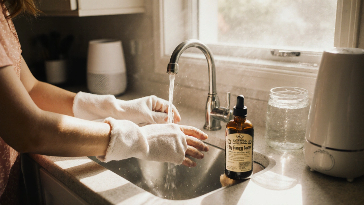 Žena v bavlněných rukavicích myje nádobí, na pozadí viditelné zdravé nástroje pro péči o nehty.