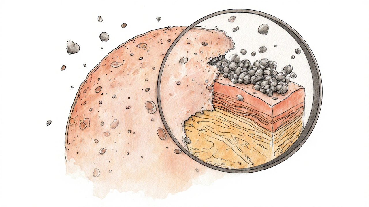 Zvětšený pohled na kůži hlavy s přebytečnými buňkami a kvasinkami Malassezia.