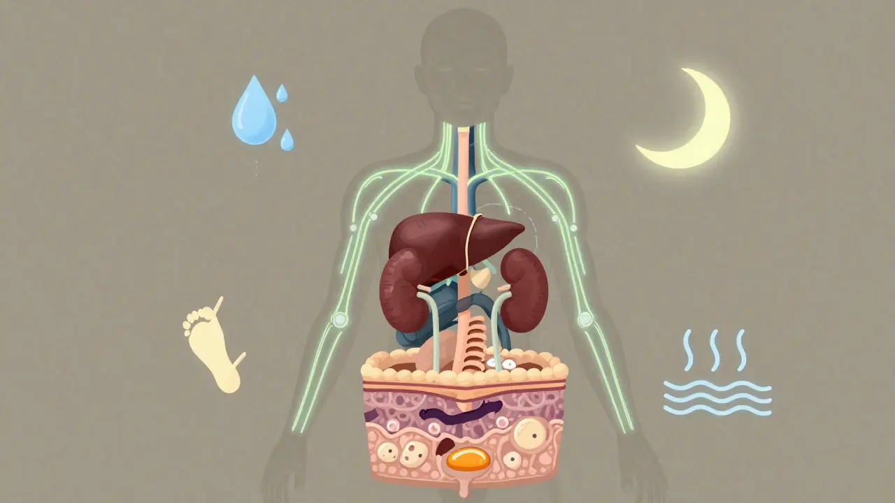 Abstraktní ilustrace těla s aktivními detoxikačními orgány a přírodními prvky.