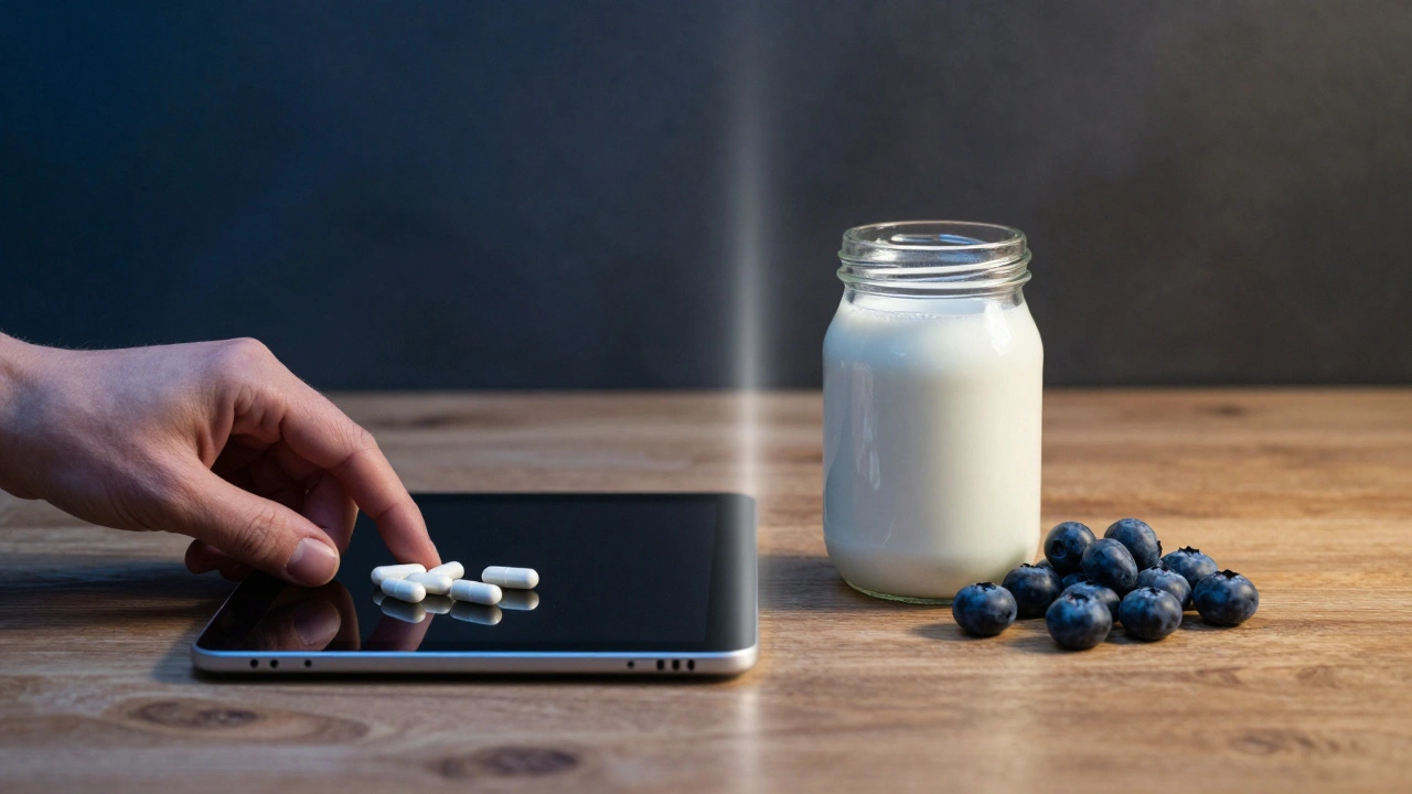 Antibiotikum a kvašené potraviny na protilehlých stranách stolu