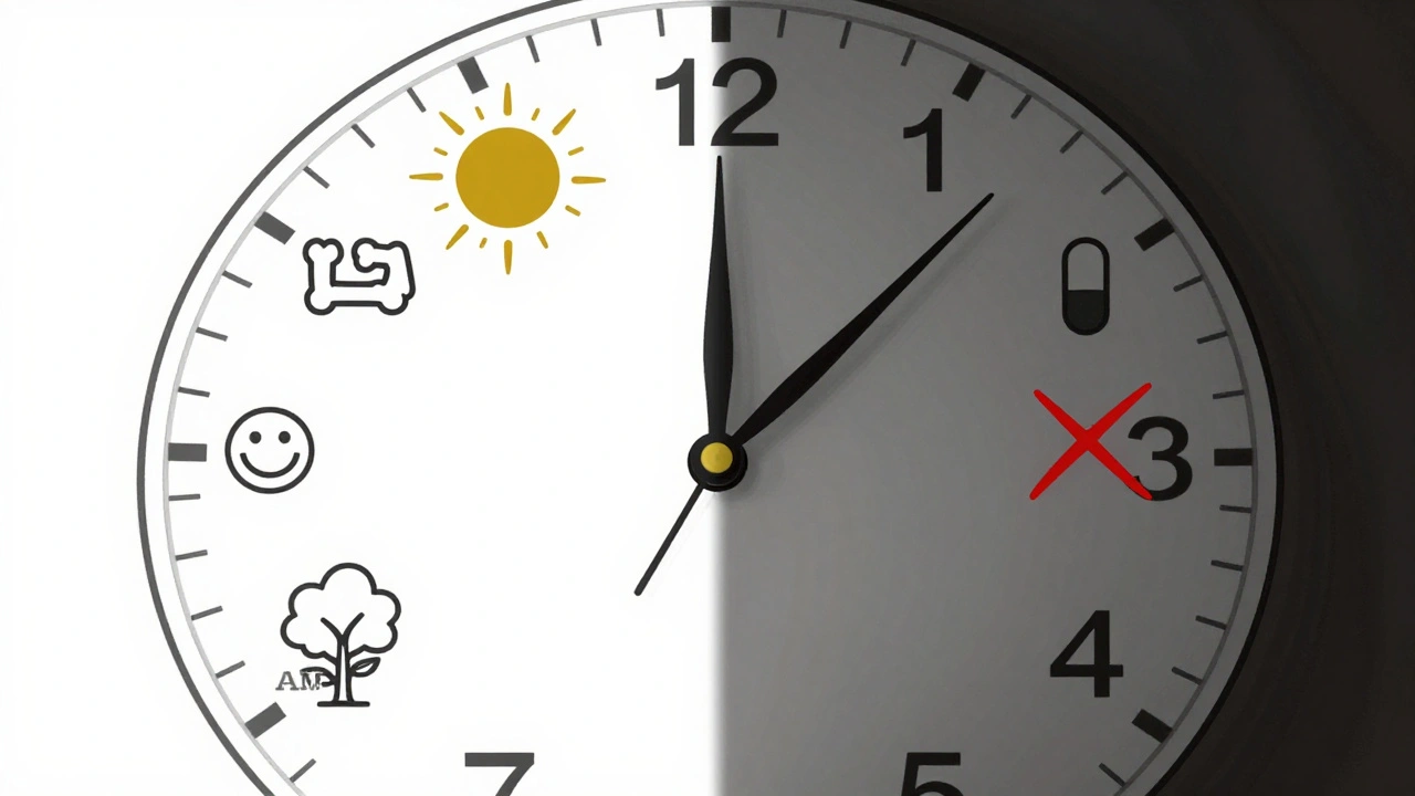 Circadiánní hodiny s označením ideálního času pro vitamín D a varováním večerního užívání.