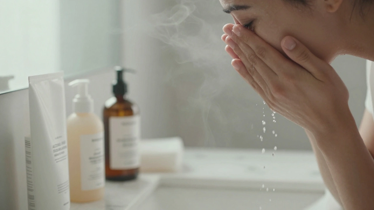 Čištění obličeje teplou vodou s bezalkoholovými produkty na pozadí