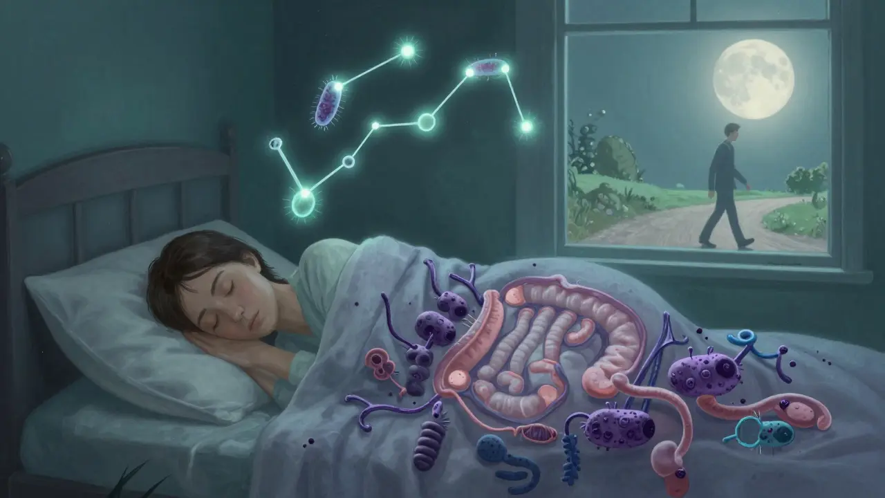 Člověk spí pod přikrývkou tvaru zdravého střevního mikrobiomu pod hvězdami.