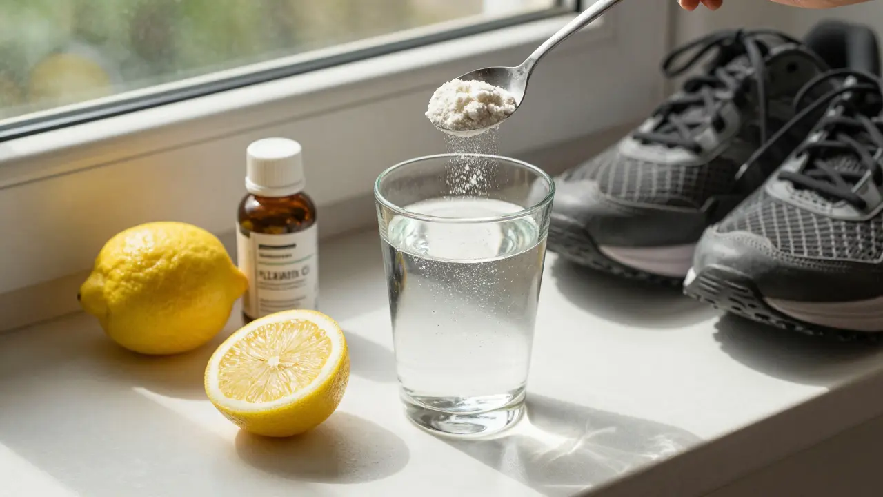 Denní rutina pro podporu kůže: rybí kolagen, citron, vitamín C a obuv pro chůzi na slunečním okně.