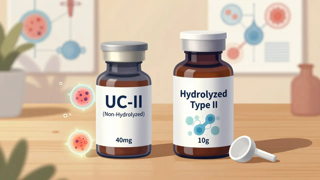 Dvě láhve s kolagenem typu II: jedna nehydrolyzovaná, druhá hydrolyzovaná, s vědeckými obrázky v pozadí.