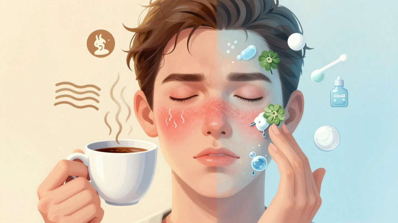 Dvě poloviny obličeje: jedna zarudlá z podráždění, druhá léčená přírodními látkami