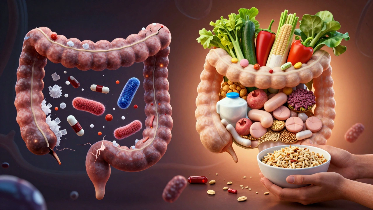 Dvě strany střeva: jedna poškozená chemikáliemi, druhá obnovovaná zdravou stravou