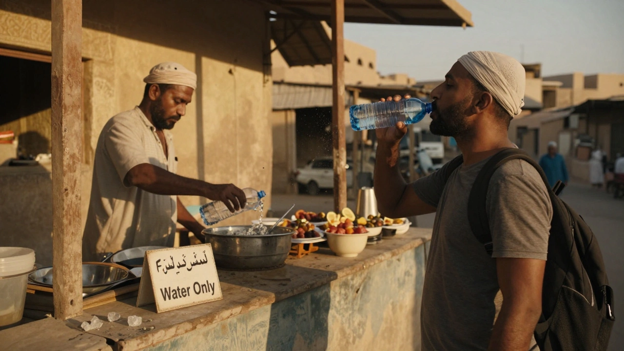 Egypťanští trháci v západním slunci, cestovatel pije jen balenou vodu a vyhýbá se ledovým nápojům.
