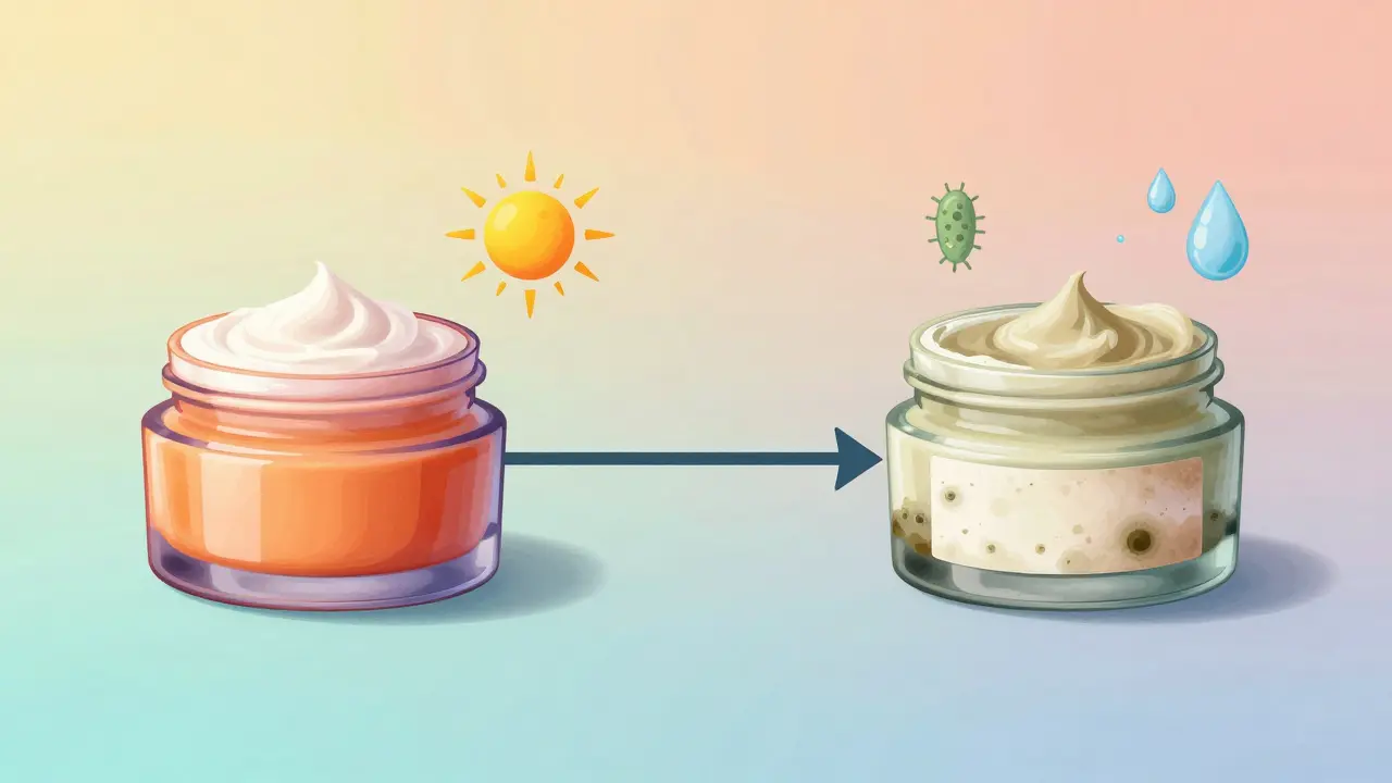 Ilustrace rozkládající se kosmetiky od čerstvého stavu po zkažený s plísní a oddělenými vrstvami.