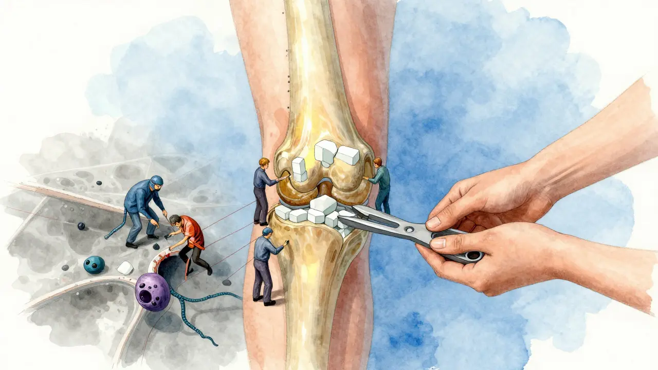 Kloub kolena v procesu obnovy: buňky staví chrupavku, imunitní buňky přestávají útočit.