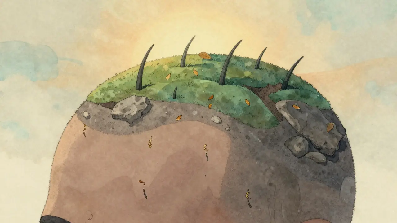 Kůže jako krajina: zelené hory vlasů a padající vlasy jako listí v západu slunce.