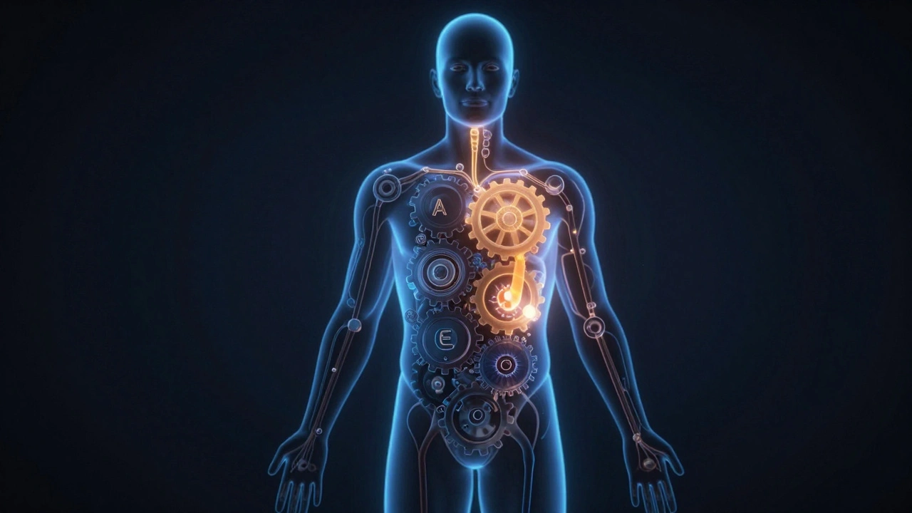 Lidský silueta s biochemickými cestami, které svítí jen při přítomnosti tuků, znázorňující vstřebávání vitamínů.