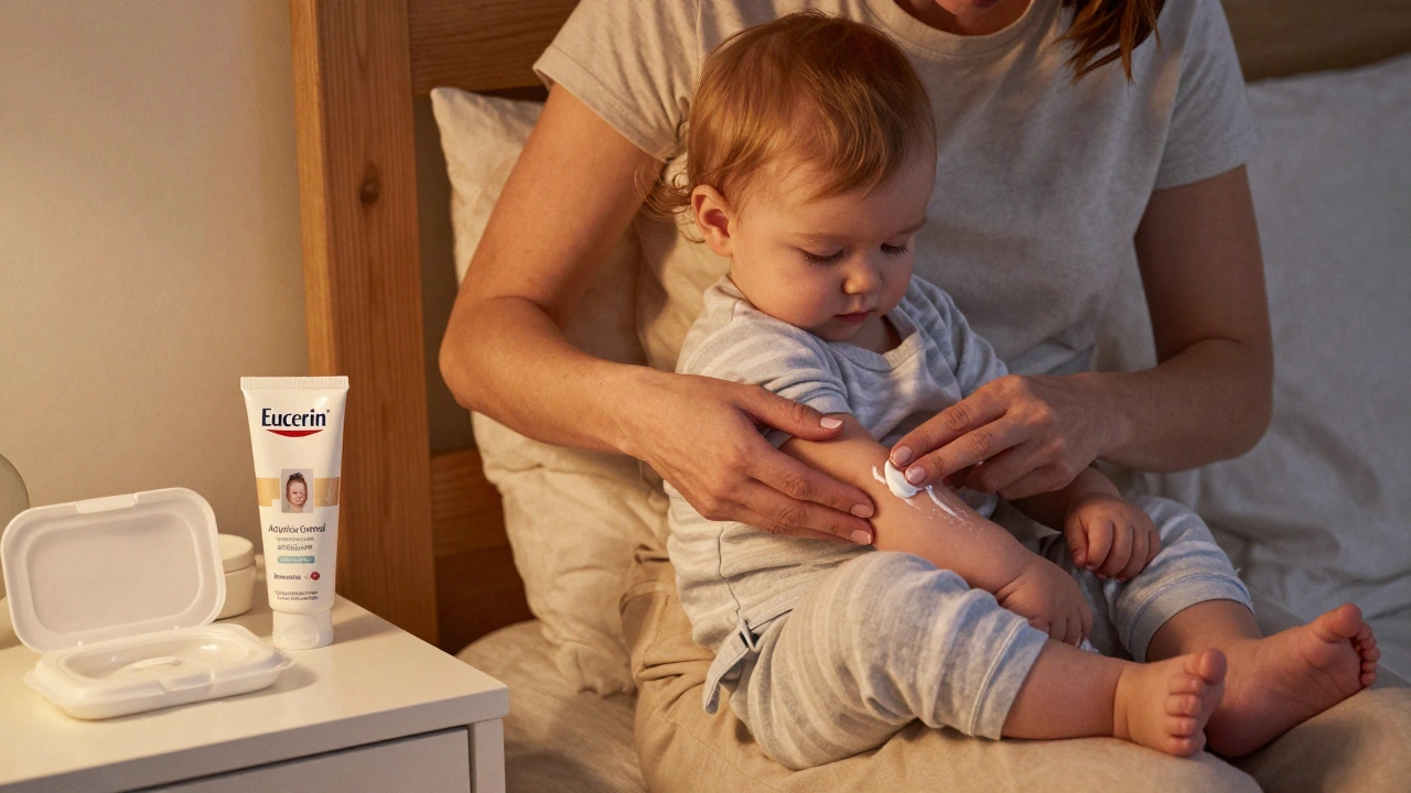 Matka aplikuje Eucerin AtopiControl Kids na ruku svého dítěte v klidné noční atmosféře.