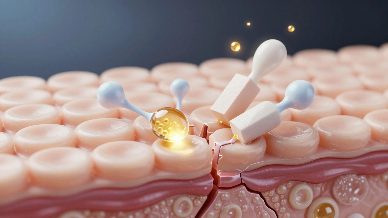 Mikroskopický pohled na opravu bariéry kůže pomocí ceramidů a urey jako stavebních prvků.