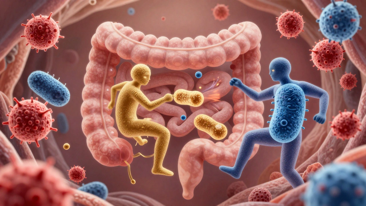 Mikroskopický pohled na střevní buňky, kde probiotika bojují proti škodlivým bakteriím.