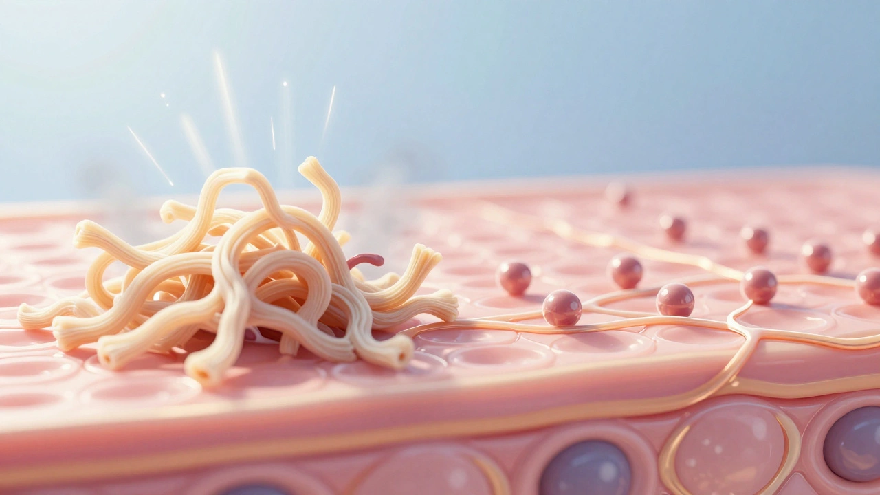 Molekulární porovnání degradace a obnovy kolagenu v kůži.