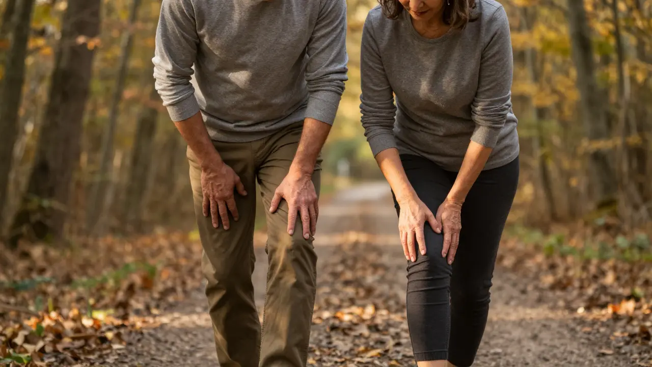 Muž a žena ve věku 50 let klidně procházejí lesem, viditelně pohybliví a bez bolesti.