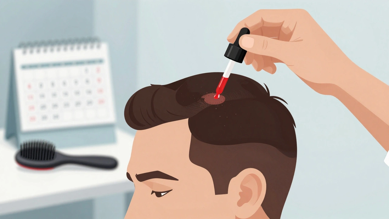 Muž aplikuje minoxidil na řídké vlasy, vedle laserový hřeben a kalendář s označenými měsíci.