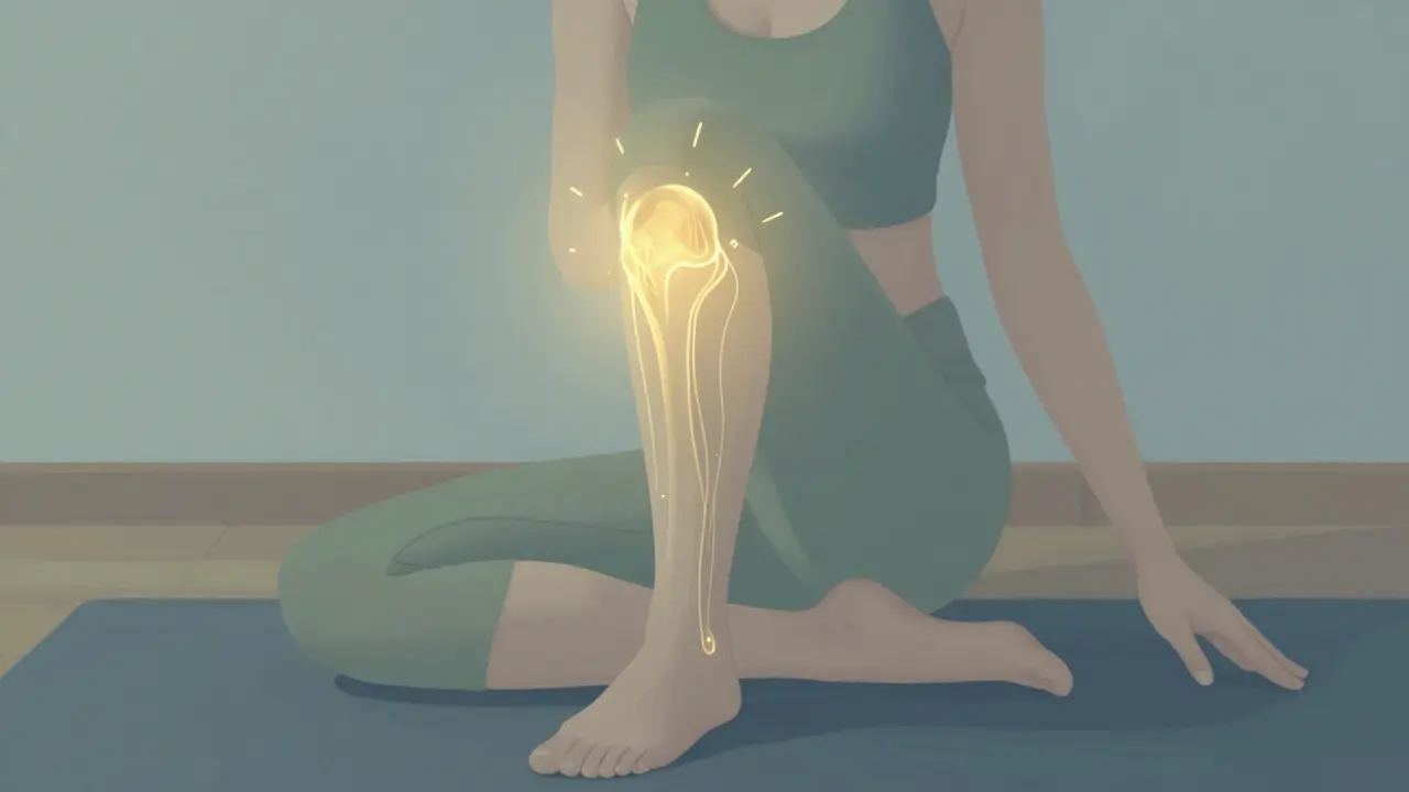 Osoba dělá jógu, záře symbolizující mazací tekutinu v kloubech.