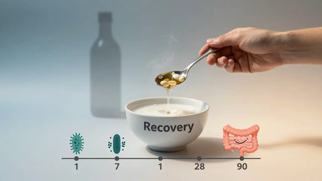 Osoba podává kvasené potraviny, zatímco stín antibiotik se mění v prach, za ní se objevuje cesta k zotavení.