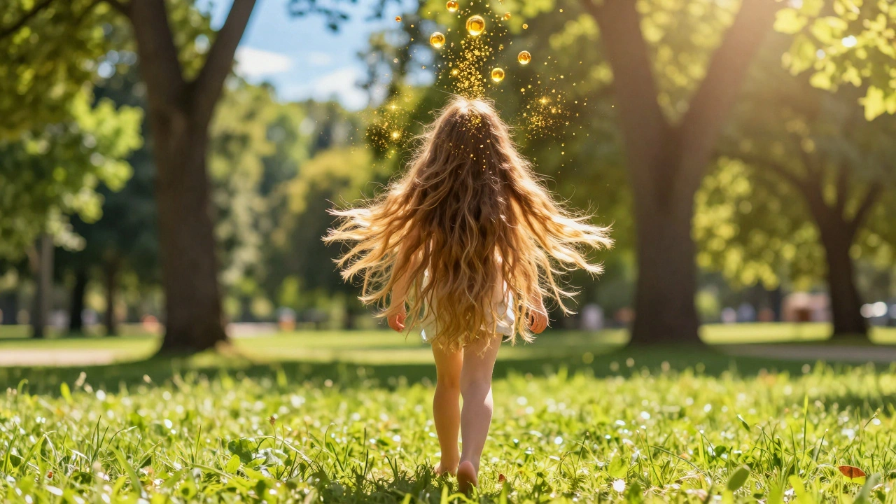 Osoba prochází slunným letním parkem, zlaté částice vitaminu D proudí k jejímu vlasovému kořínku.