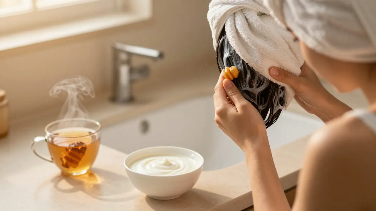 Osoba s ručníkem na hlavě aplikuje masku na vlasy v klidném domácím prostředí.