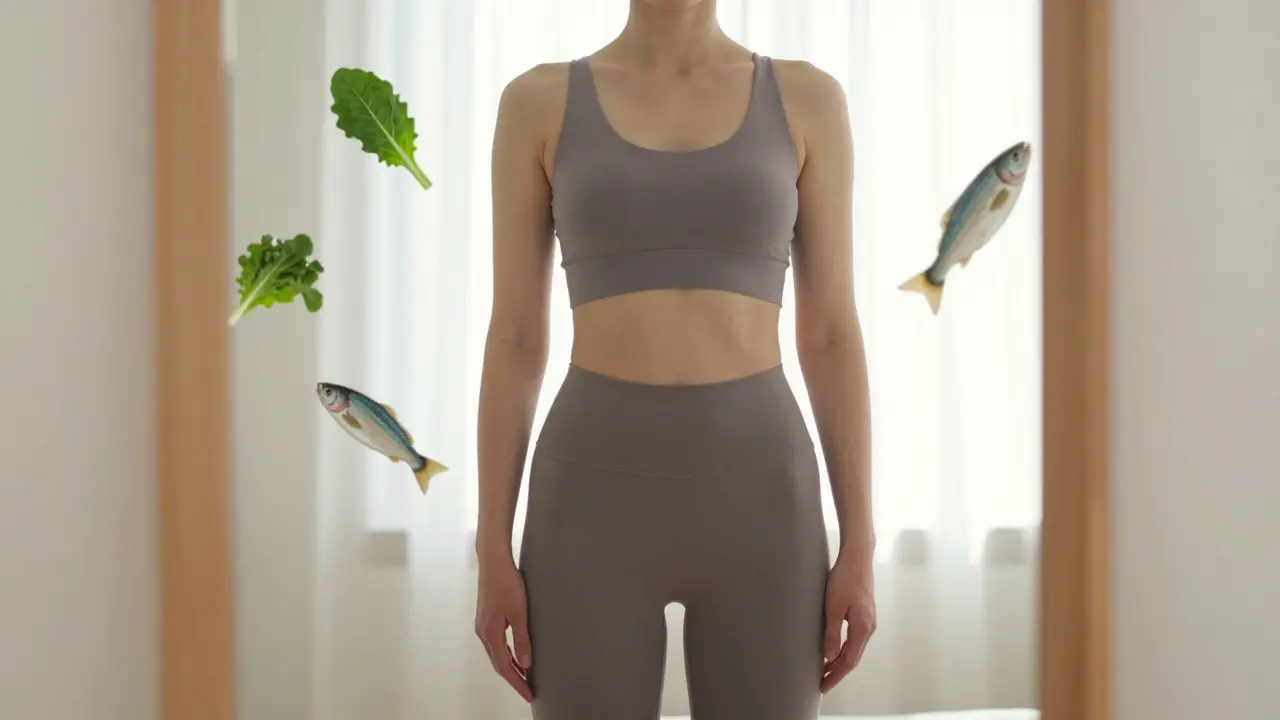 Osoba se dívá do zrcadla, její pas je tenčí, kolem ní plavou zdravé potraviny jako symbol úspěchu.