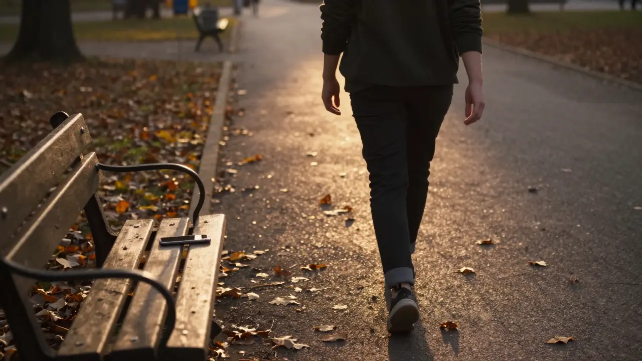Osoba se prochází v parku při západu slunce, telefon zůstal na lavičce.