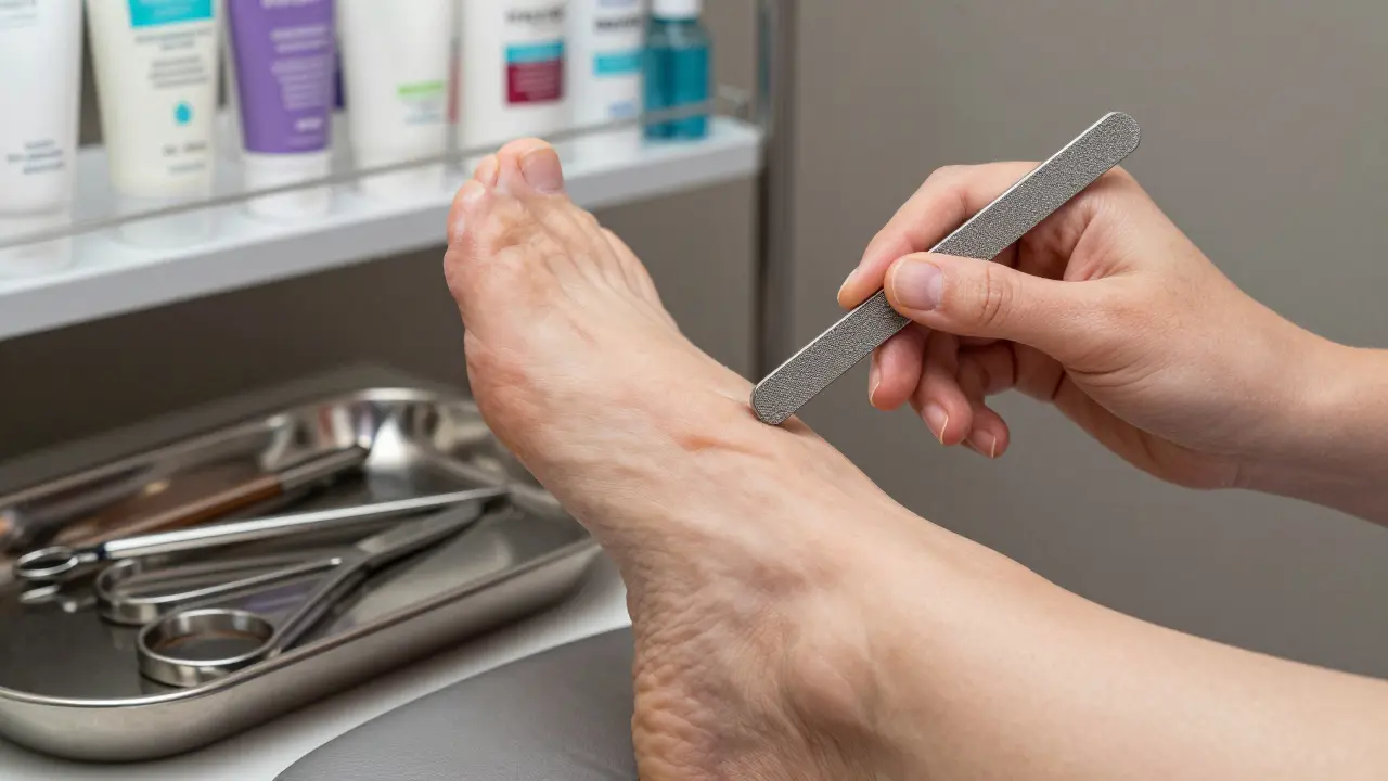 Pedikérka jemně vyhlazuje ztuhlou kůži na patách sterilním pilníčkem.