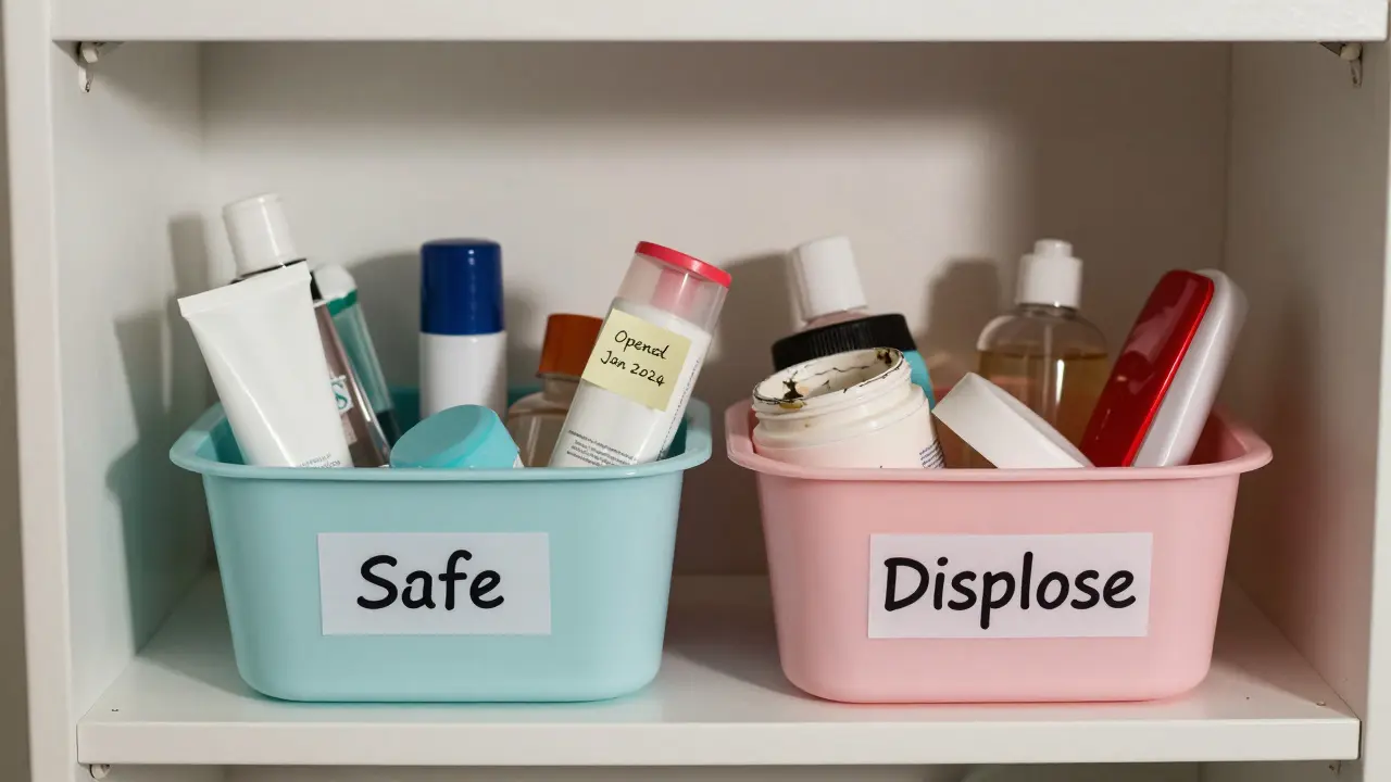 Polička s kosmetikou rozdělená na bezpečné a vyhozené produkty s nálepkou otevření.