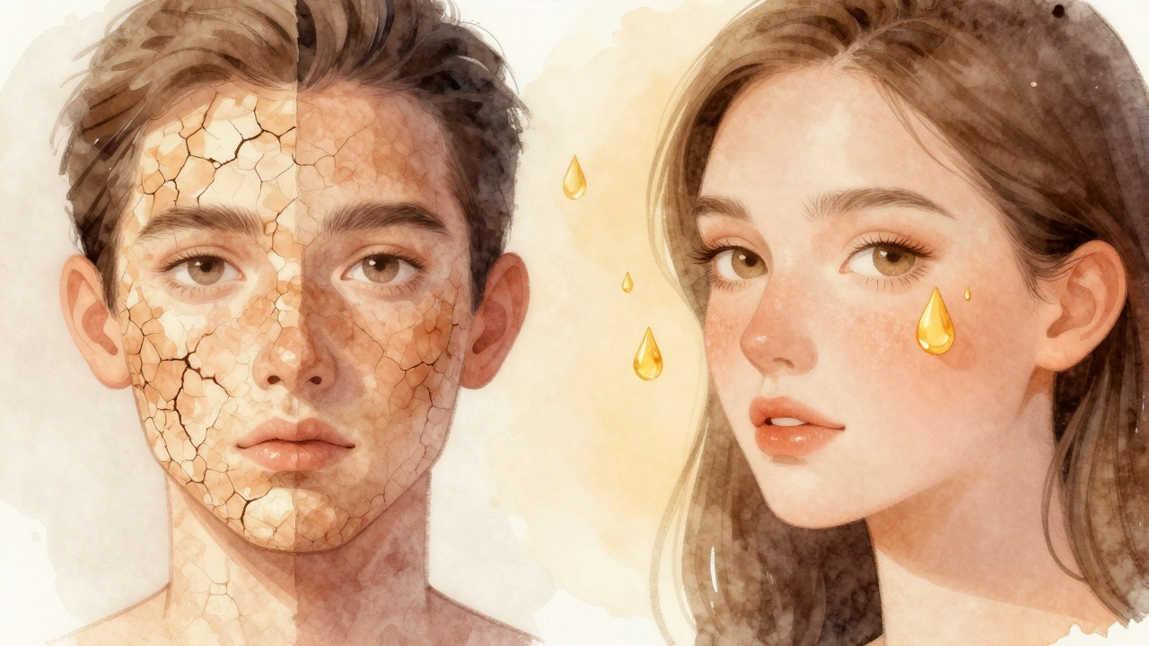 Porovnání suché a hydratované pleti s olejem jako přechodem k obnově.