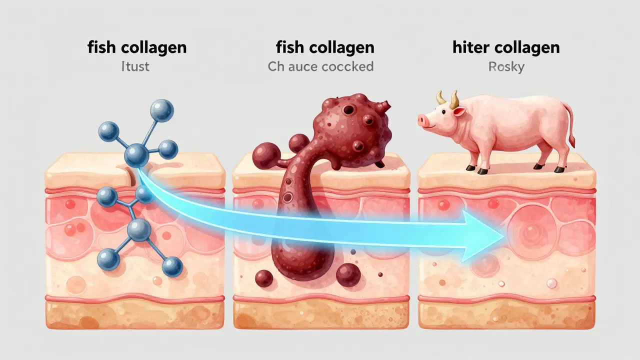 Porovnání vstřebávání rybího, hovězího a prasečího kolagenu v kůži pomocí grafického znázornění molekul.