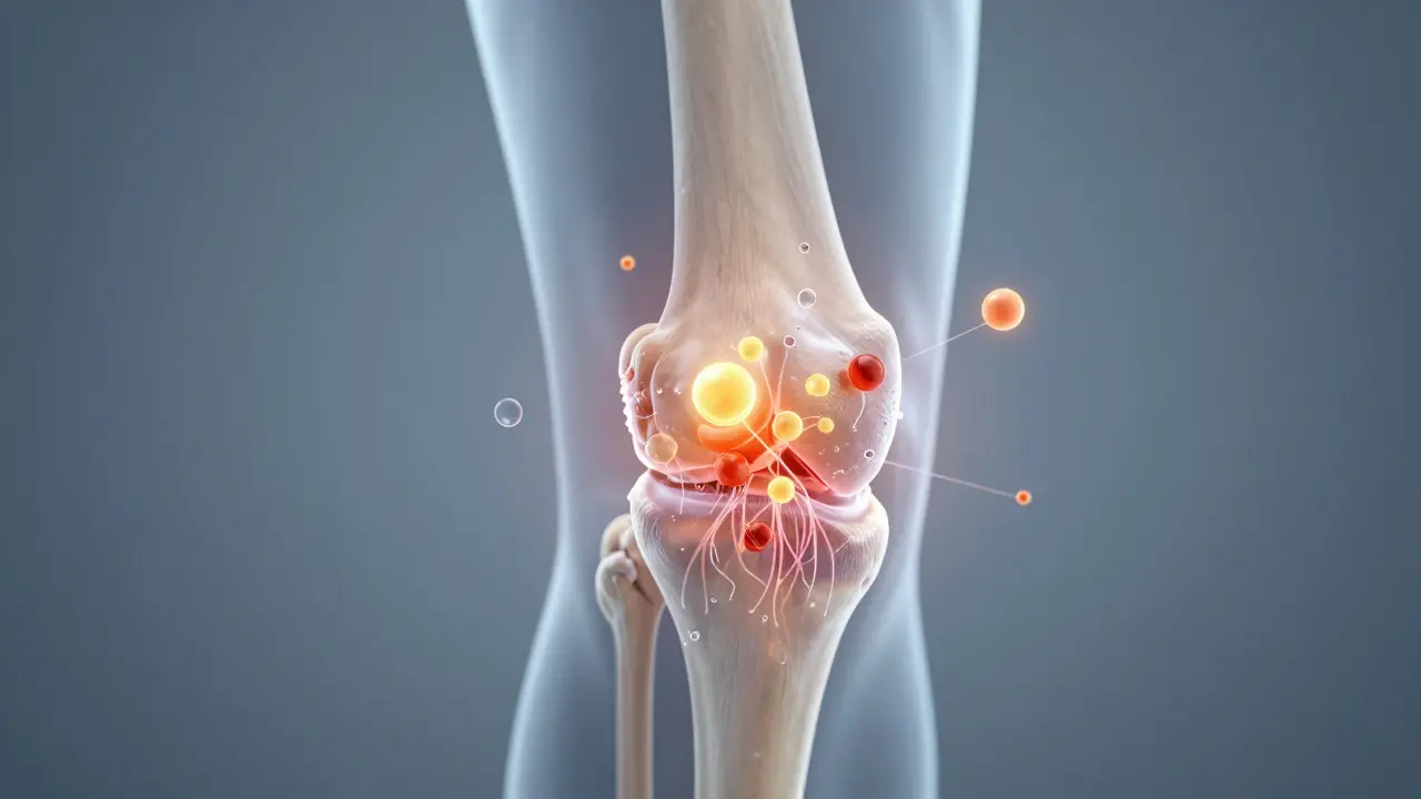 Přehled kloubu s obnovou chrupavky kolagenem, omega-3 a kurkuminou v biomedicínském stylu.